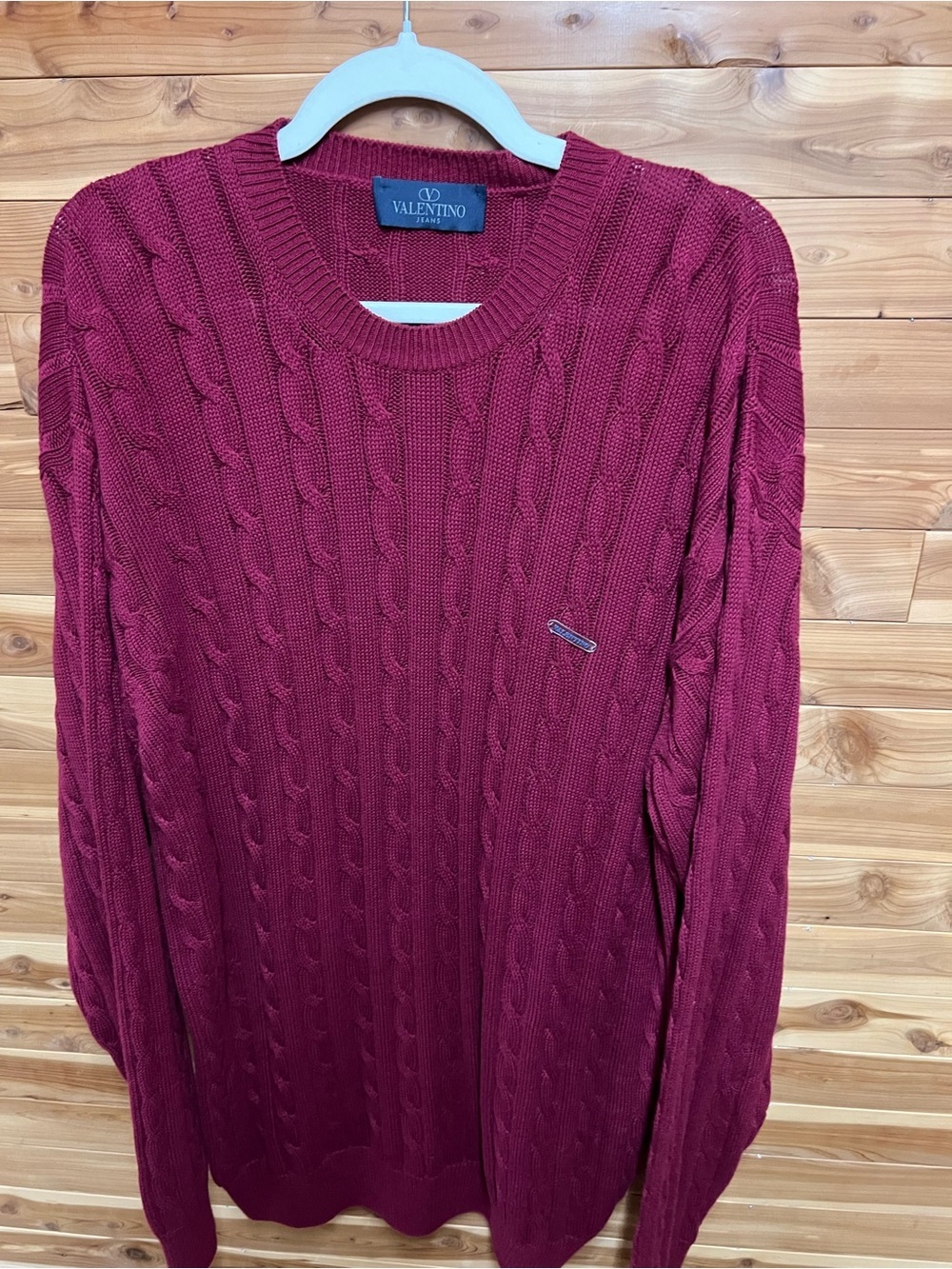 Valentino Men’s Cable Knit Crewneck Sweater - Burgundy